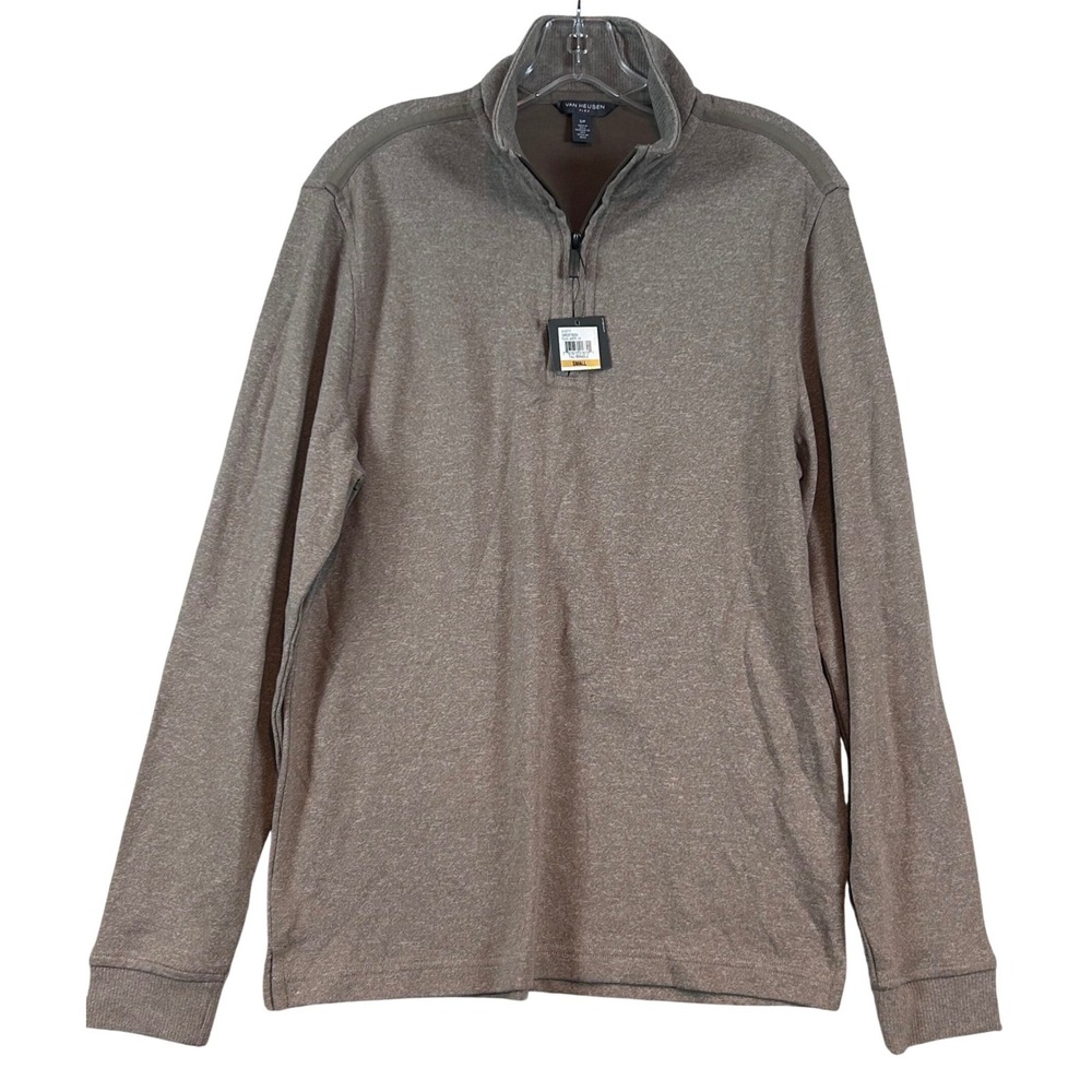 NWT Van Heusen Flex‎ Mens Taupe Brindle Jaspe Quarter Zip Pullover Sweater Small